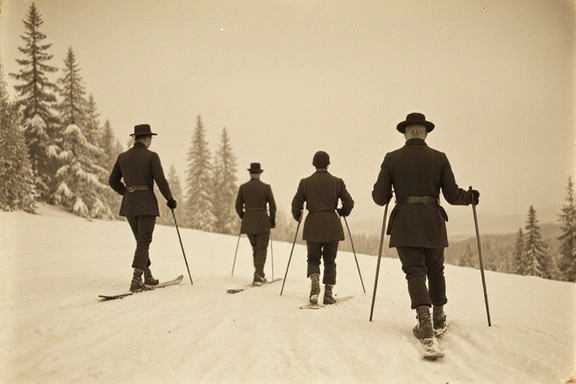 A vintage photograph depicting early skiers traversing a snowy landscape with long wooden skis and poles, showcasing the historical aspect of skiing.