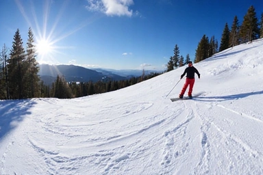 Skiers enjoying fresh powder at a Utah ski resort, with deep snow and pine trees.