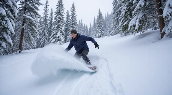 A snowboarder riding through deep powder in a forest in the Pacific Northwest.