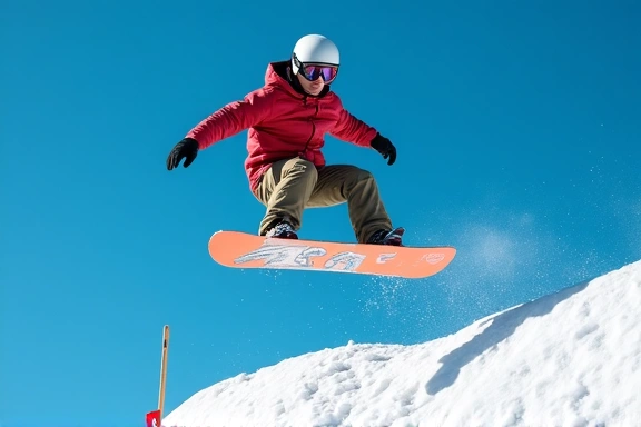 A modern snowboarder performing a stylish jump with a grab against a clear blue sky.
