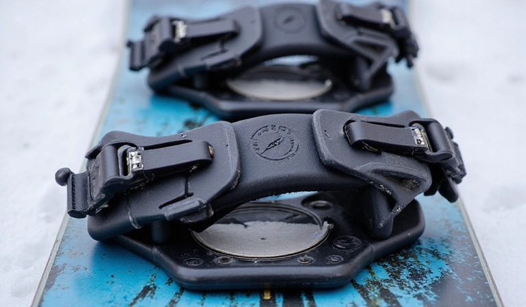 A set of snowboard bindings attached to a snowboard, showcasing the straps and highback.