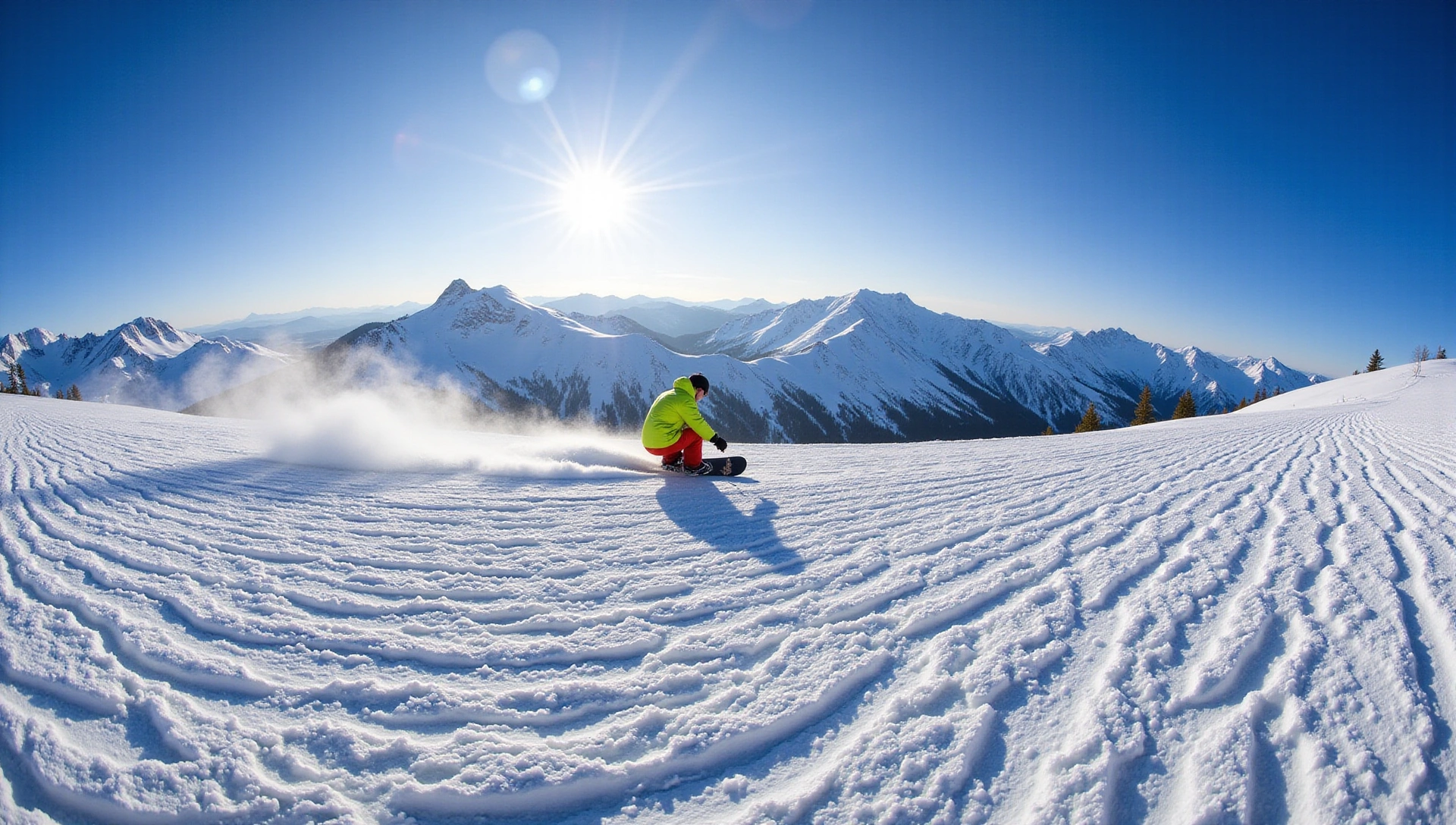 A snowboarder gracefully carving down a snowy mountain slope, sun shining, snow spraying.
