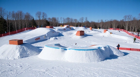A vibrant view of a well-maintained terrain park at an East Coast resort, with features like jumps and rails.