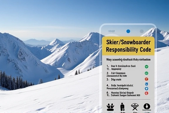 A clear sign depicting the Skier/Snowboarder Responsibility Code, possibly with universal symbols.