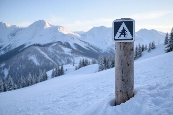 A clear sign showing ski patrol and the universal mountain safety symbol.