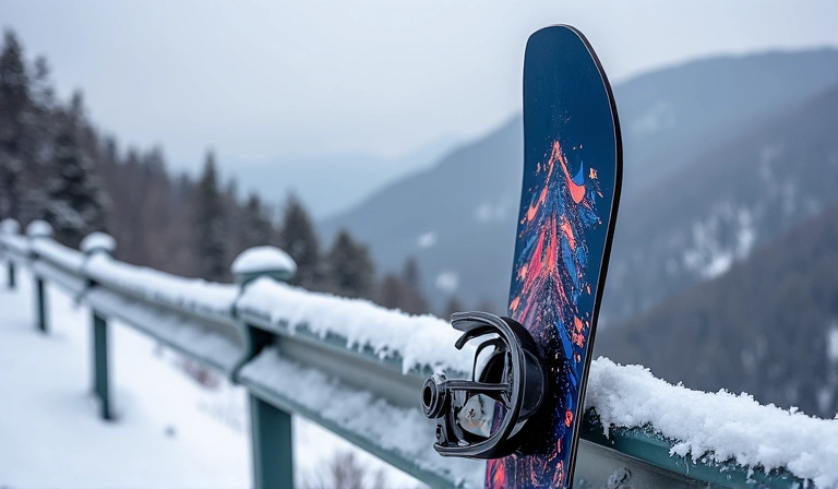 A stylish all-mountain snowboard with graphic design, leaning against a snowy railing.