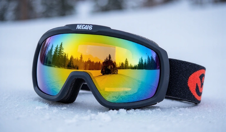 A pair of high-quality snowboarding goggles with mirrored lenses, showcasing their design.
