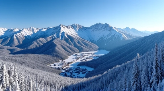 A panoramic view of the Rocky Mountains covered in snow, with a ski resort visible in the distance.