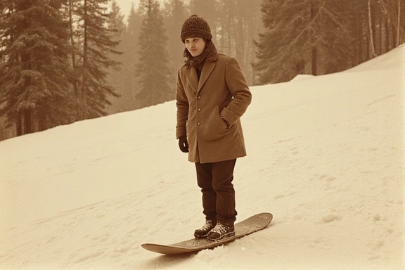 A vintage photograph of an early snowboarder, perhaps a 'Snurfer', in the 1970s, on a gentle snowy hill.