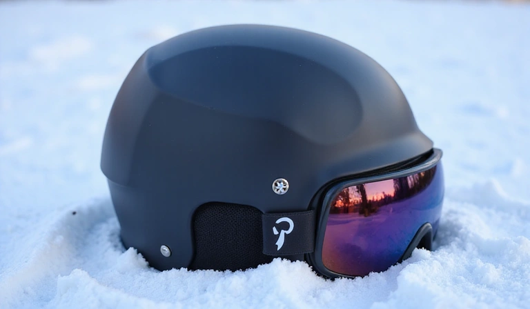 A modern snowboarding helmet with goggles attached, resting on a snowy surface.