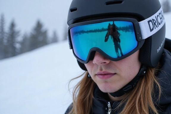 A snowboarder wearing a helmet and goggles, looking alert and focused on the slope.