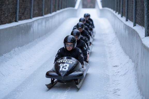 Bobsled team racing down a track