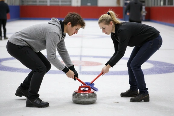 Curling players sweeping the ice