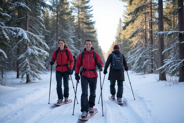 Group of people snowshoeing through a snowy forest