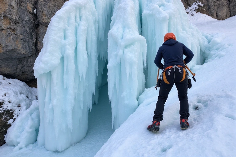 Person ice climbing up a frozen waterfall