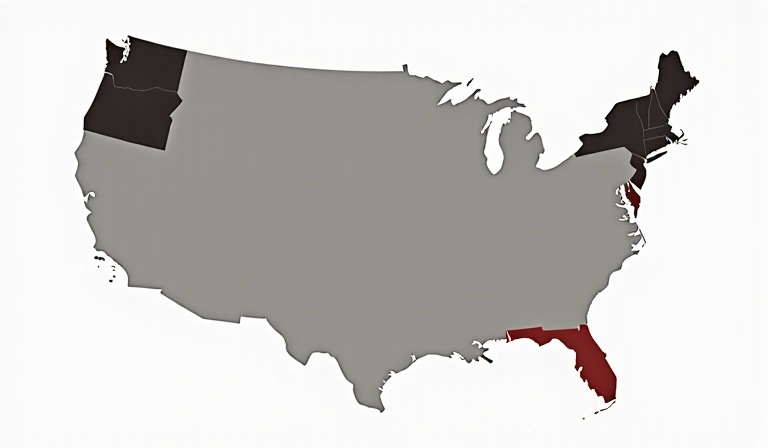 A stylized map of the United States with a highlighted section for New York, representing governing law.
